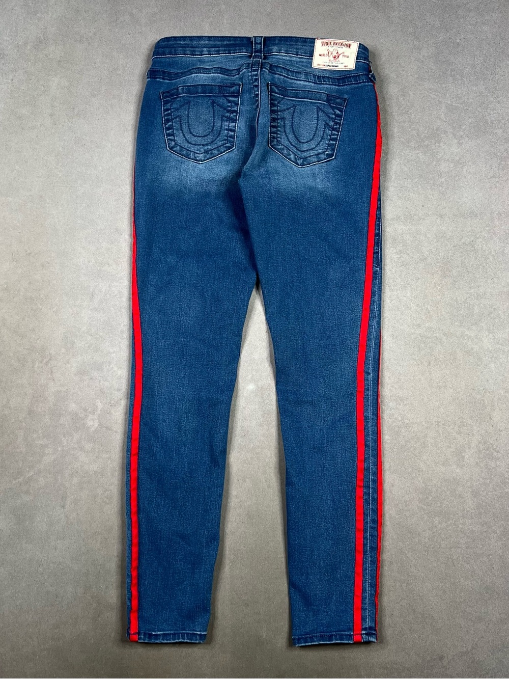 True Religion Skinny Blue Jeans with Red Side Stripes